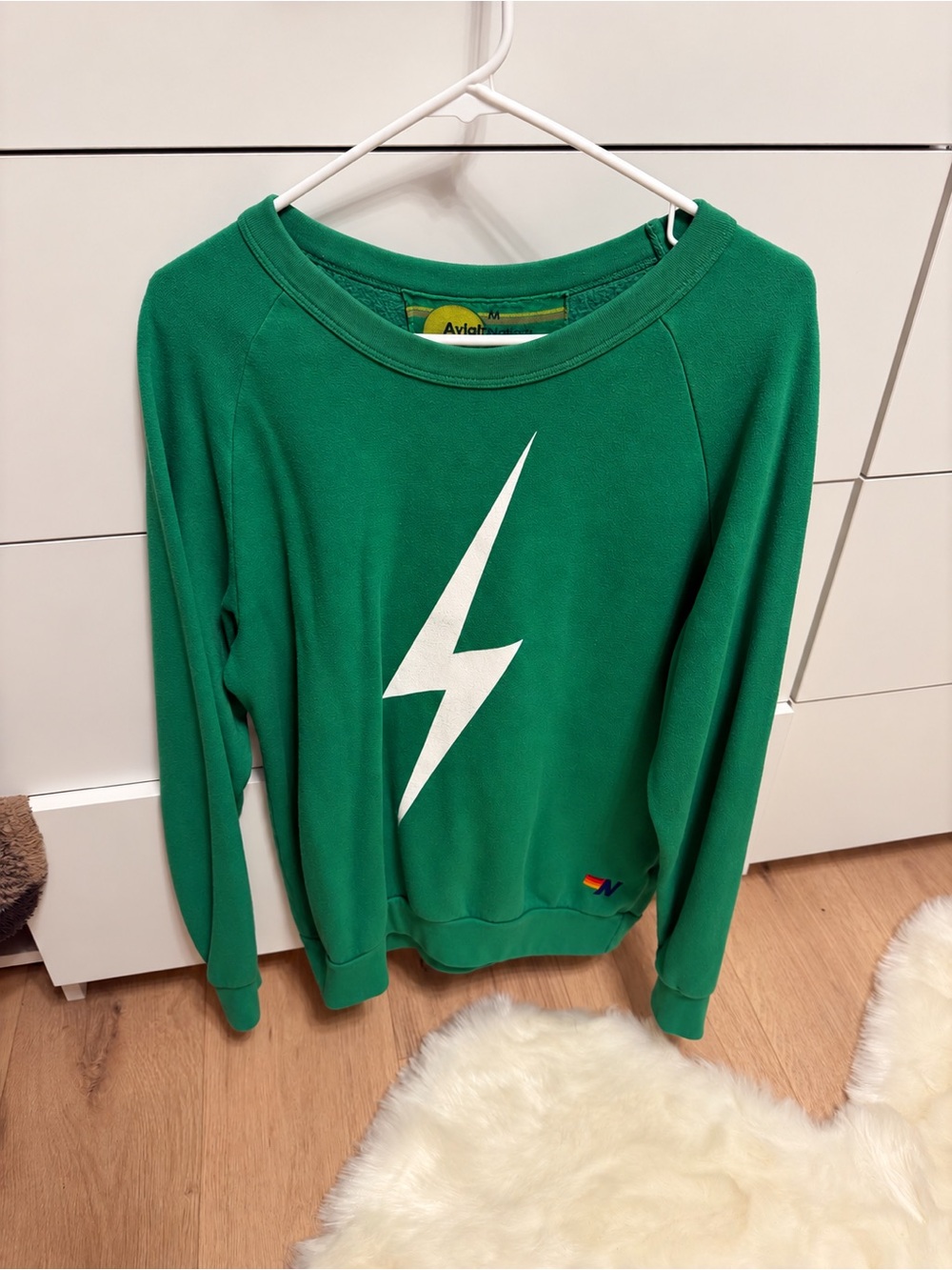 Aviator Nation Green Crewneck with White Lightning Bolt - Size Medium